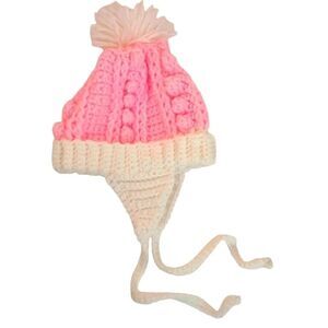 Handmade Pink and white Baby Winter Hat Pom Pom Crochet Ear flaps with ties